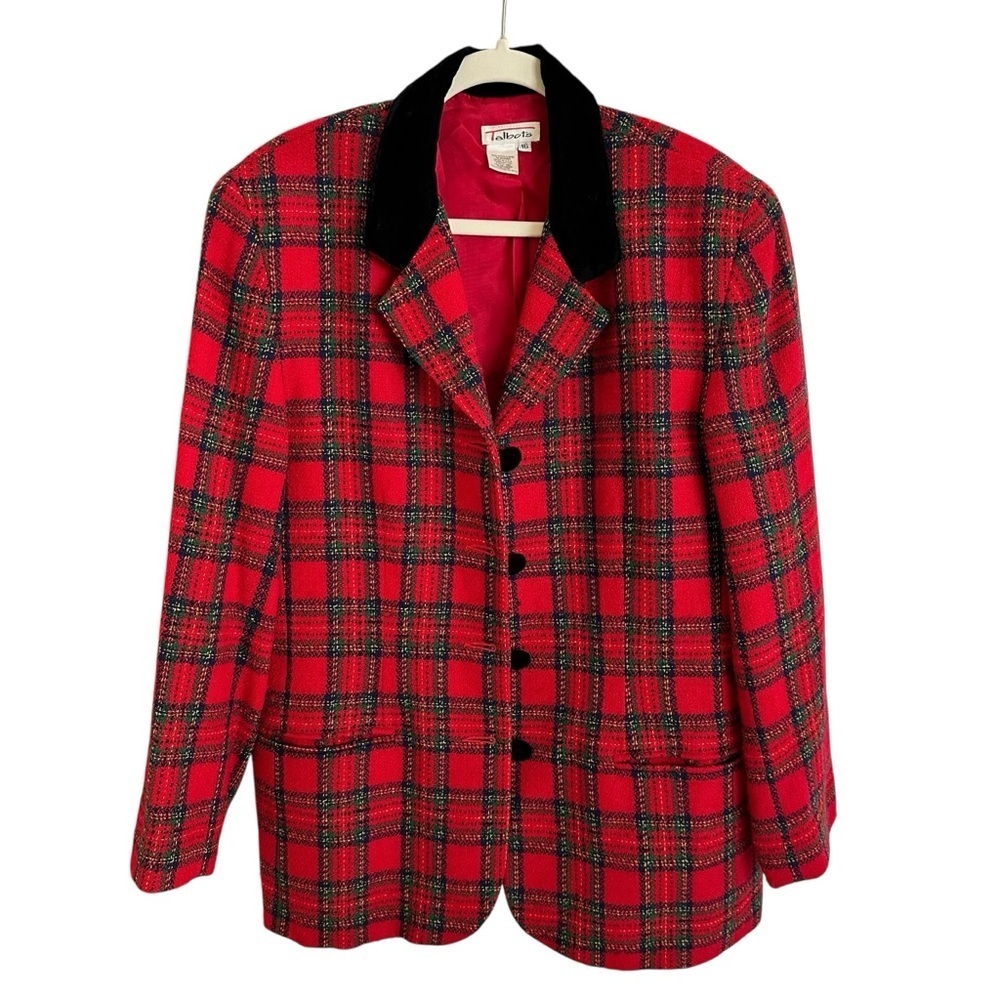 Vintage Talbots sz 16 Red Plaid Wool Blazer Jacket Velvet trim Christmas Holiday